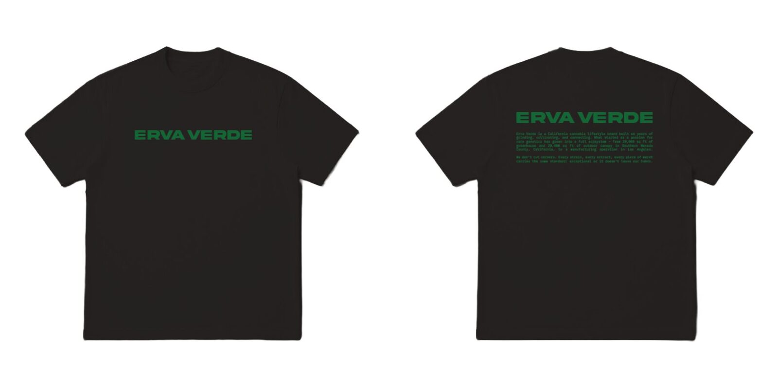 Erva Verde wordmark tee in black — front and back