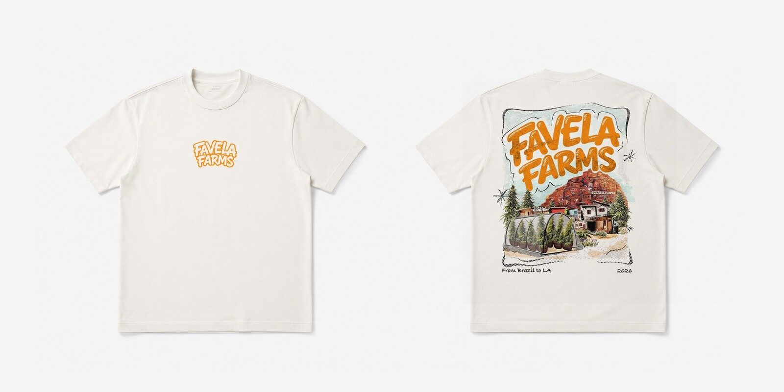 Favela Farms tee in cream — front and back